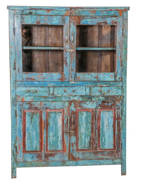 [[Large turquoise and red vintage glass cabinet///Armoire large vitrée vintage turquoise et rouge]]