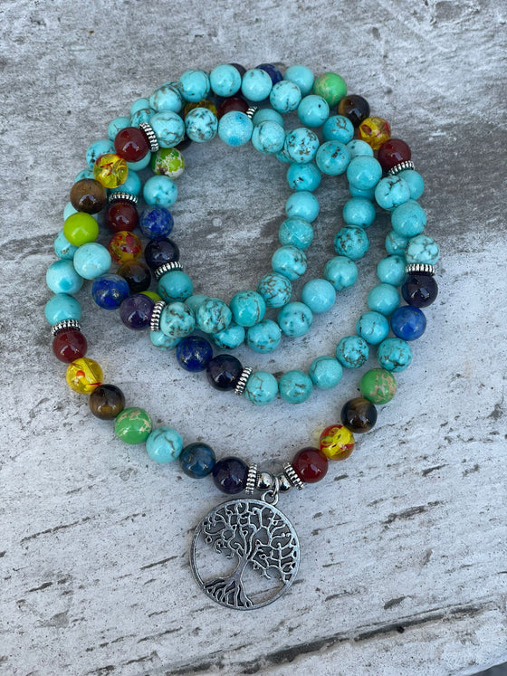 [[Natural turquoise mala with a tree of life necklace///Collier Mala en turquoise naturelle avec un collier en forme d'arbre de vie]]