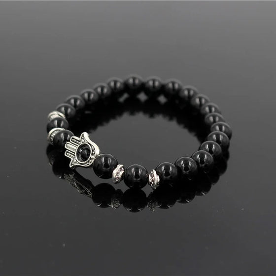 [[Black Agate bracelet with a hamsa charm///Bracelet en agate noire avec une breloque hamsa]]