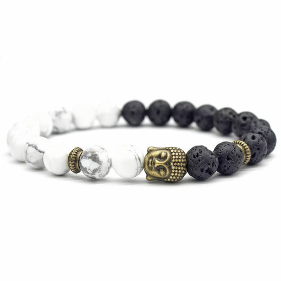 [[Lava stone and white howlite bracelet with a Buddha charm///Bracelet en pierre de lave et howlite blanche avec une breloque de Bouddha]]