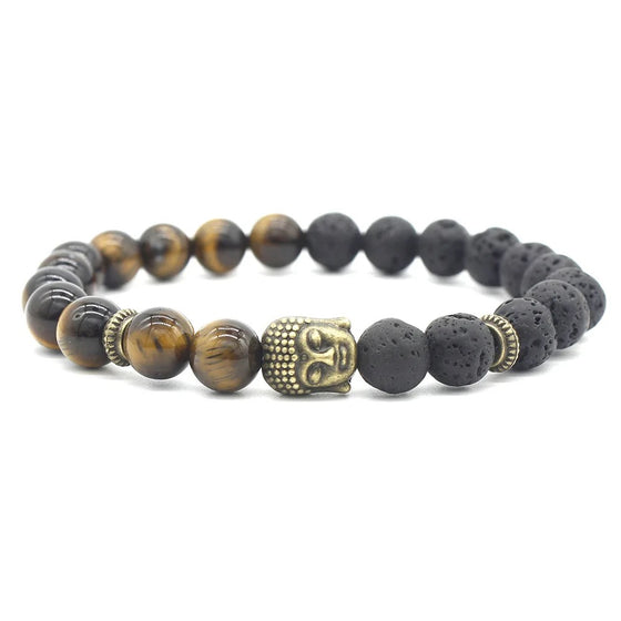 [[Lava stone and tiger's eye bracelet with a Buddha charm///Bracelet en pierre de lave et oeil de tigre avec une breloque Bouddha]]