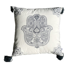  [[White cotton  cushion with grey embroidery, with pompon///Coussin en coton blanc avec broderie grise, avec pompon]]