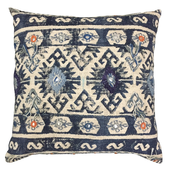[[Hand block printed cushion with wool embroidery///Coussin imprimé à la main avec broderie de laine]]