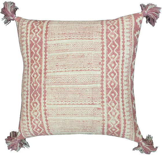 [[Hand block printed cotton cushion with pompoms///Coussin imprimé à la main avec pompons]]