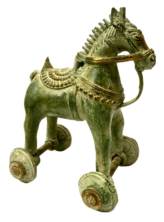 [[Old brass Bastar tribal art horse on wheels///Ancien cheval en laiton de l'art tribal Bastar sur roues]]