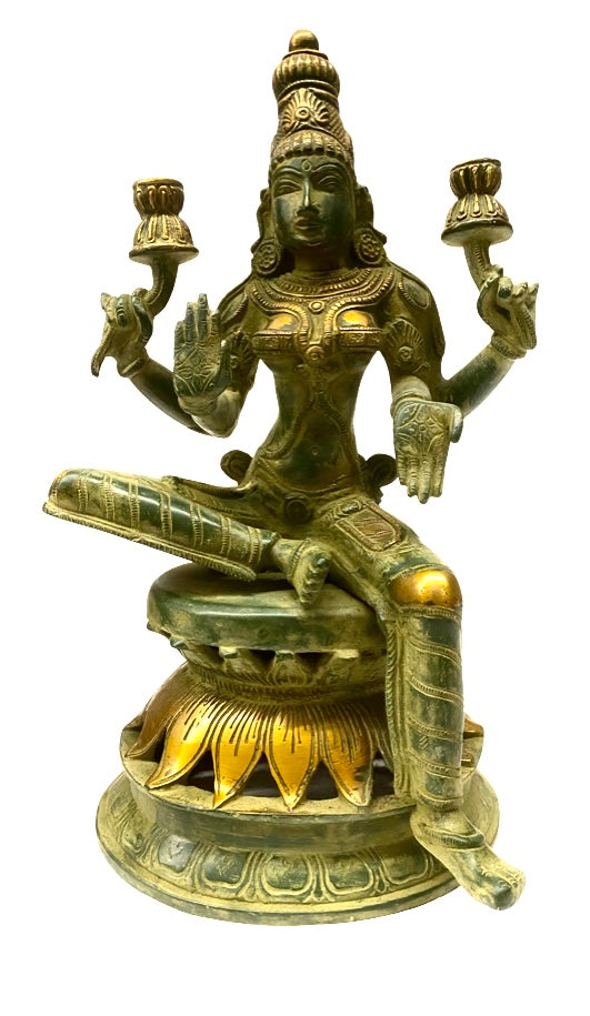 [[Vintage green and gold brass Laxmi statue///Statue vintage Laxmi en laiton vert et or]]