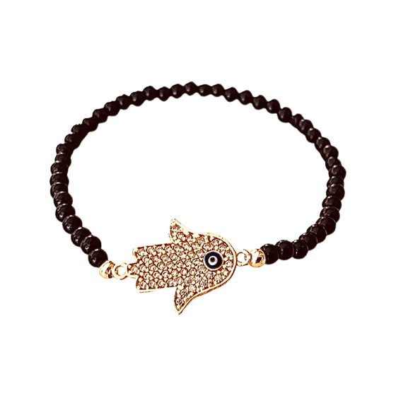 [[Black bead bracelet with a gold color hamsa symbol///Bracelet de perles noires avec un symbole hamsa de couleur or]]