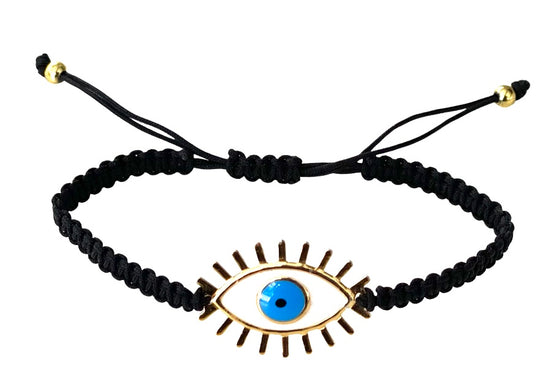 [[Evil eye knitted macrame bracelet - black///Bracelet en macramé tricoté avec mauvais œil - noir]]