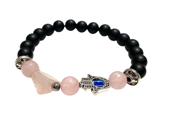 [[Hamsa protection bracelet - rose quartz///Bracelet de protection Hamsa - quartz rose]]