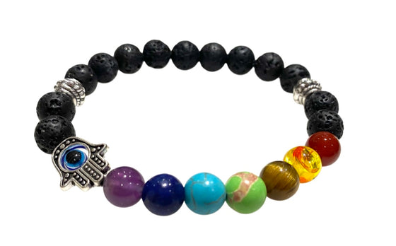 [[Hamsa healing chakra bracelet - lava stone///Bracelet Hamsa de guérison des chakras - pierre de lave]]