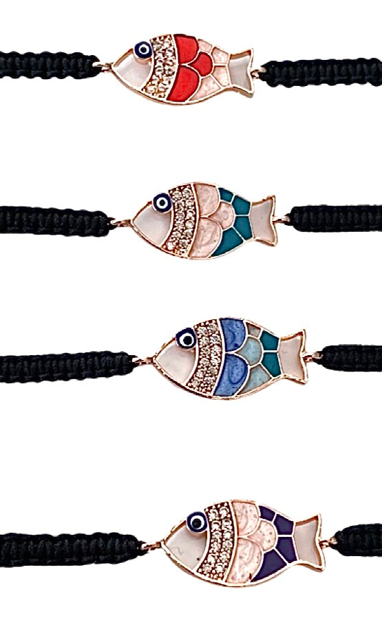 [[Fish and evil eye knitted macrame bracelet///Bracelet en macramé tricoté avec mauvais œil et poisson]]