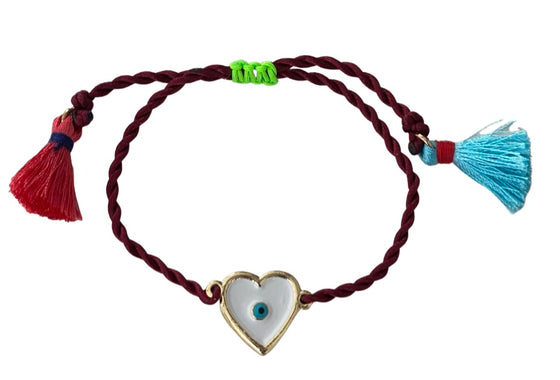 [[Evil eye and heart bracelet with tassels///Bracelet mauvais oeil et coeur avec pompoms]]