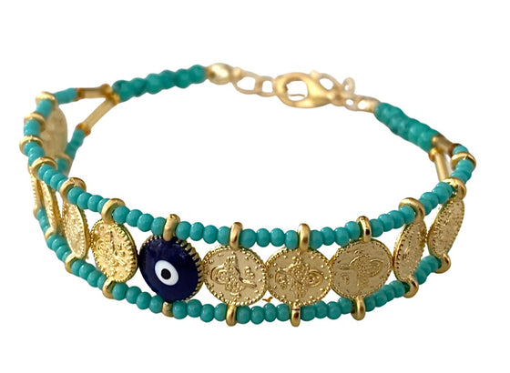 [[Evil eye coin bracelet///Bracelet de pièces de monnaie avec le mauvais œil]]