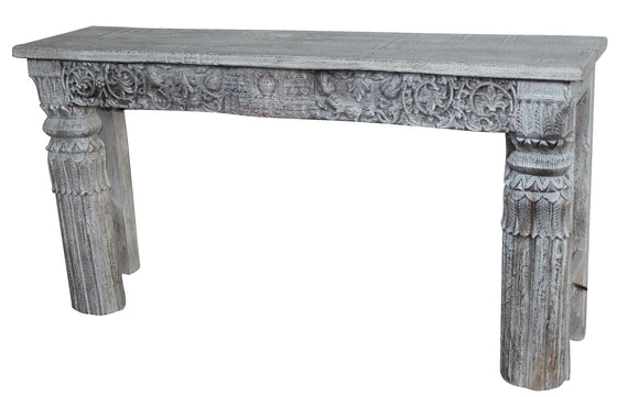 [[Pastel side table with old hand carved teak panels///Console pastel avec panneaux en teck sculptés à la main]]