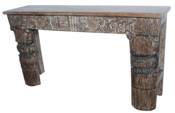 [[Pastel side table with old hand carved teak panels///Console pastel avec panneaux en teck sculptés à la main]]