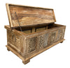 [[Reclaimed wood chest with hand carved panels///Coffre en bois récupéré avec panneaux sculptés à la main]]