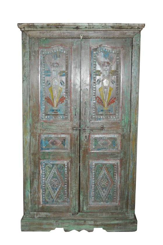 [[Large teak wood cabinet with an old Indian door///Grande armoire en bois de teck avec une ancienne porte indienne]]