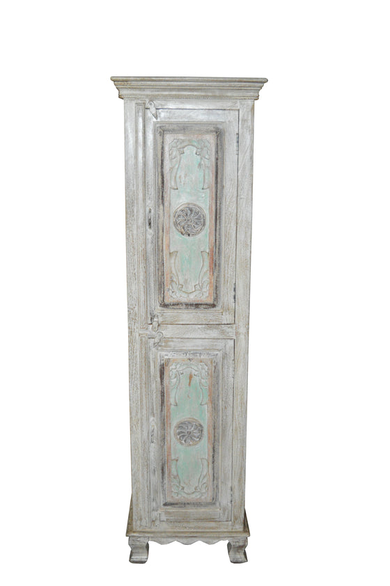 [[Tall and narrow pastel cabinet with carved doors///Armoire pastel haute et étroite avec portes sculptées]]
