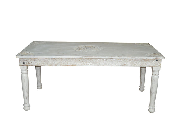 [[Whitewashed Jali dining table for 8///Table de salle à manger Jali blanchie à la chaux pour 8 personnes]]