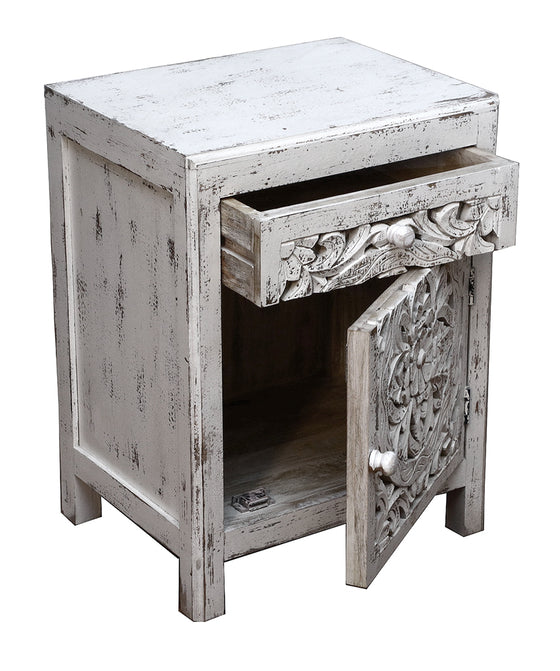 [[Whitewashed Jali bedside table///Table de chevet Jali blanchie à la chaux]]