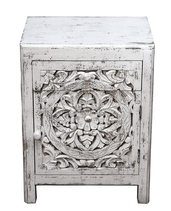 [[Whitewashed Jali bedside table///Table de chevet Jali blanchie à la chaux]]