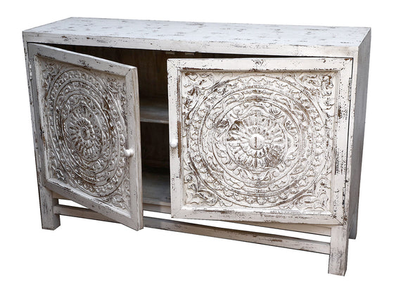 [[Whitewashed mandali jali cabinet with 2 doors///Cabinet mandala jali blanchi à la chaux avec deux portes]]