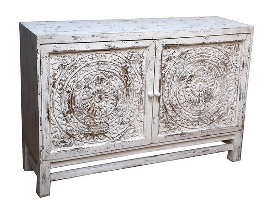 [[Whitewashed mandali jali cabinet with 2 doors///Cabinet mandala jali blanchi à la chaux avec deux portes]]