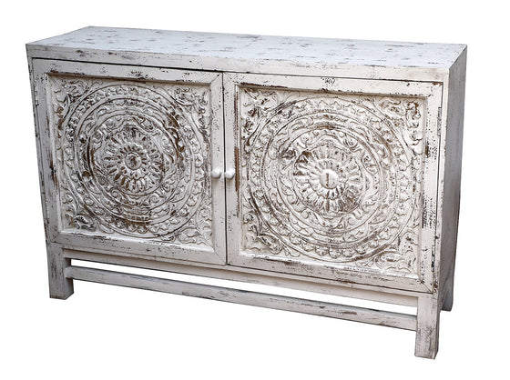 [[Whitewashed mandali jali cabinet with 2 doors///Cabinet mandala jali blanchi à la chaux avec deux portes]]