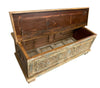 [[Reclaimed wood chest with hand carved panels///Coffre en bois récupéré avec panneaux sculptés à la main]]
