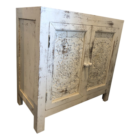 [[Whitewashed Jali sideboard with 2 doors///Buffet Jali blanchi à la chaux avec 2 portes]]