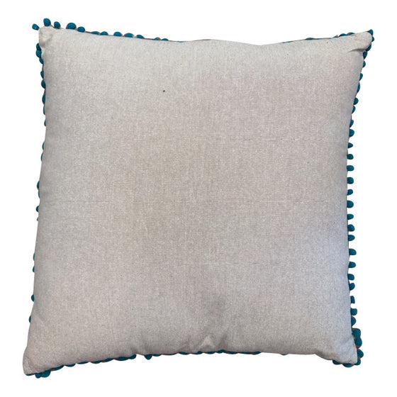 [[Beige cotton cushion with colorful pompoms, 24"///Coussin en coton beige avec des pompons colorés, 24"]]