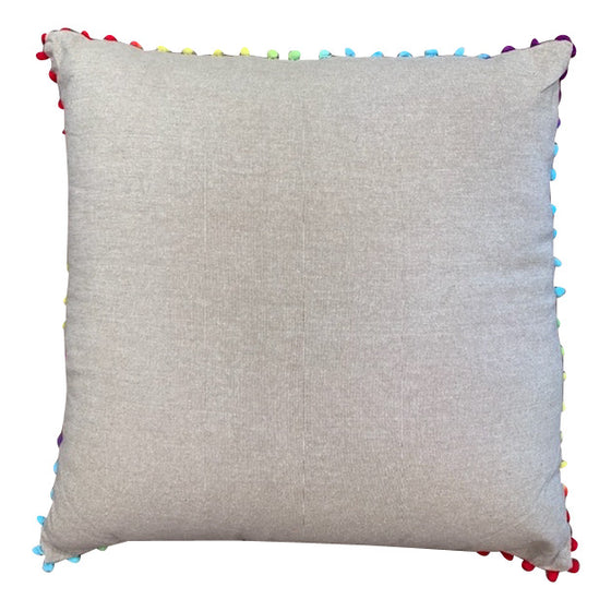 [[Beige cotton cushion with colorful pompoms, 18"///Coussin en coton beige avec des pompons colorés, 18"]]