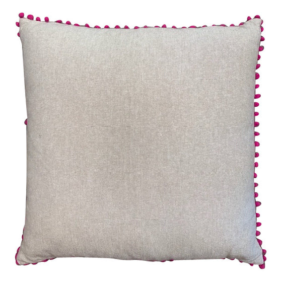 [[Beige cotton cushion with colorful pompoms, 18"///Coussin en coton beige avec des pompons colorés, 18"]]