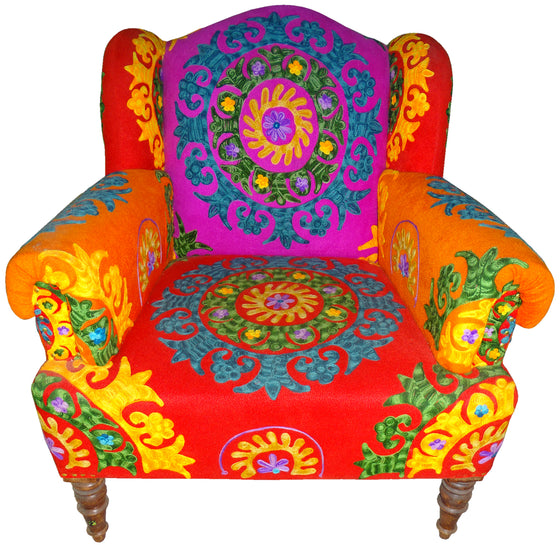 Orange and pink embroidered arm chair