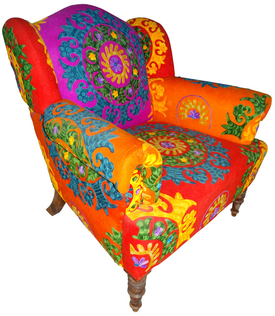 Orange and pink embroidered arm chair