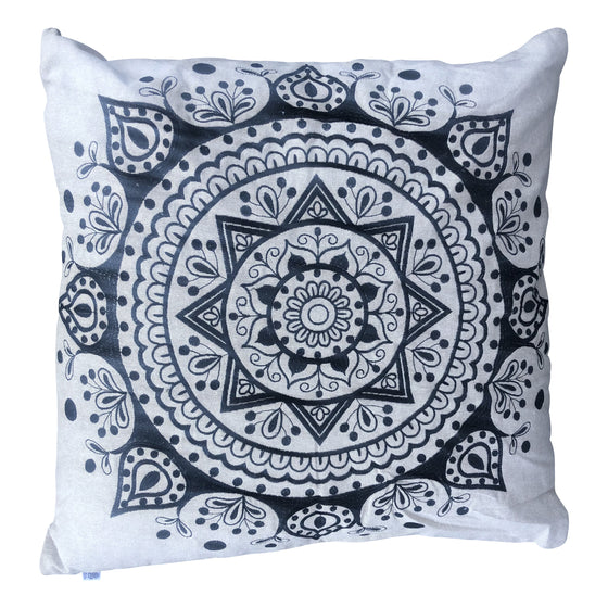 [[Black cotton mandala embroidered cushion with wool pompom///Coussin mandala en coton noir brodé avec pompon en laine]]