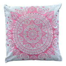  [[Coral cotton mandala embroidered cushion with wool pompom///Coussin mandala en coton corail brodé avec pompon en laine]]