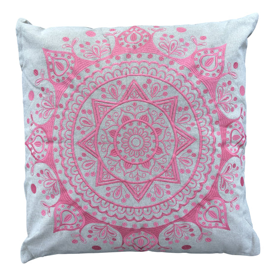 [[Coral cotton mandala embroidered cushion with wool pompom///Coussin mandala en coton corail brodé avec pompon en laine]]