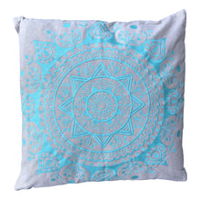  [[Turquoise cotton mandala embroidered cushion with wool pompom///Coussin mandala en coton turquoise brodé avec pompon en laine]]