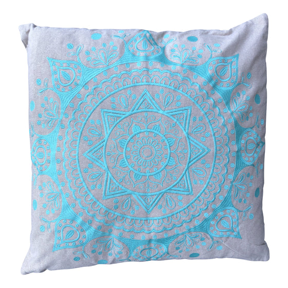 [[Turquoise cotton mandala embroidered cushion with wool pompom///Coussin mandala en coton turquoise brodé avec pompon en laine]]