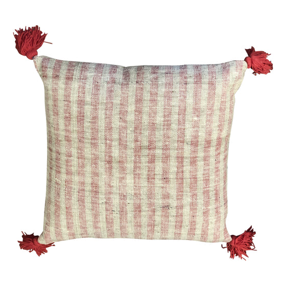 [[Cotton hand loomed cushion with woolen pompom///Coussin en coton tissé à la main avec pompon en laine]]