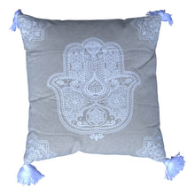  [[Beige cotton  cushion with white embroidery, with pompon///Coussin en coton beige avec broderie blanche, avec pompon]]