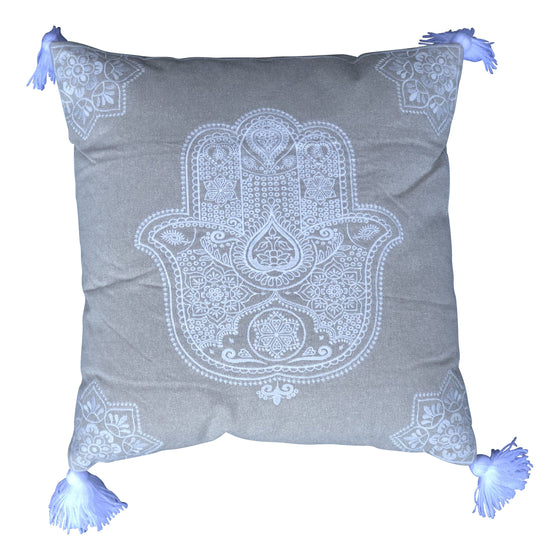 [[Beige cotton  cushion with white embroidery, with pompon///Coussin en coton beige avec broderie blanche, avec pompon]]