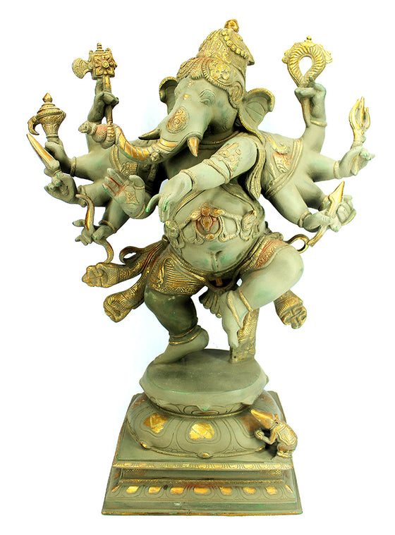[[Vintage green and gold brass Ganesh statue///Statue de Ganesh en laiton vert et or vintage]]