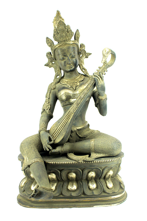 [[Antique gray and silver brass Tara statue///Statue de Tara en laiton gris et argent antique]]