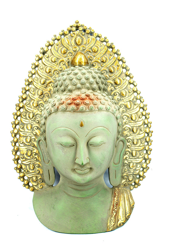 [[Antique green and gold brass Buddha wall mask///Masque mural Buddha en laiton vert et or antique]]