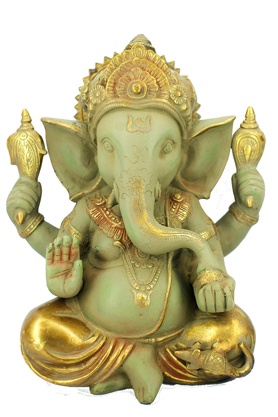 [[Vintage green and gold brass Ganesh statue///Statue de Ganesh en laiton vert et or vintage]]