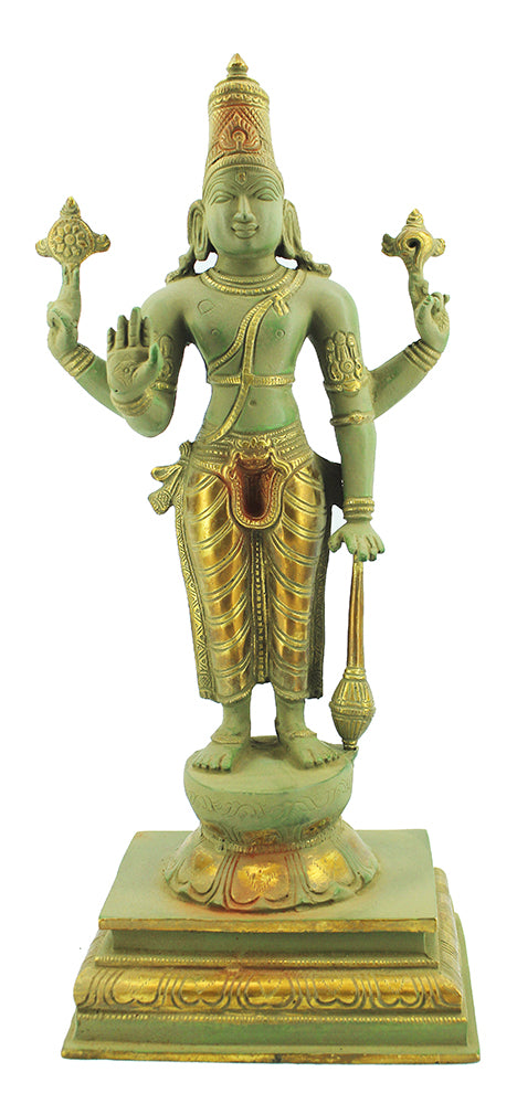 [[Antique green and gold brass Vishnu statue///Statue de Vishnu en laiton vert et or antique]]