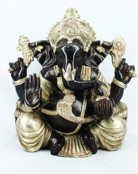 [[Black silver brass Ganesh statue///Statue de Ganesh en laiton noir et argenté]]