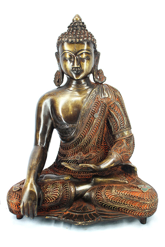 [[Filigran decorated brass Buddha statue///Statue de Buddha en laiton décorée de filigranes]]